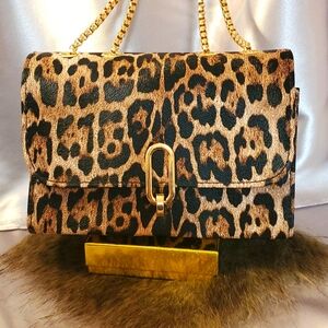 Leopard Print Vegan Leather Small Clutchbag with Goldtone Chain